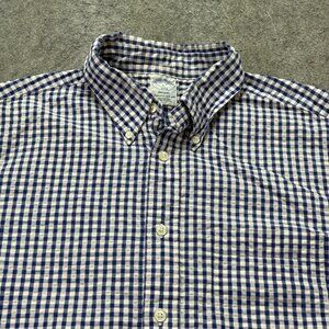 Brooks Brothers Seersucker Shirt Men L Blue White Gingham Check Regent Fit 46"